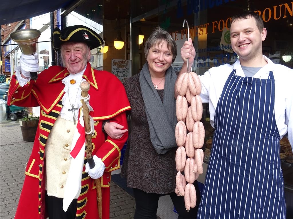 LFG Bill the Bell hails the winning sausage receipe with Liz Harvey and James Bodenham at Llandinabo Farm Shop